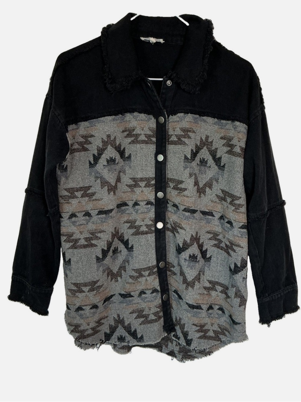 Mystree Womens S Western Wool Blanket Denim Raw Edge Snap Shacket Jacket Western
